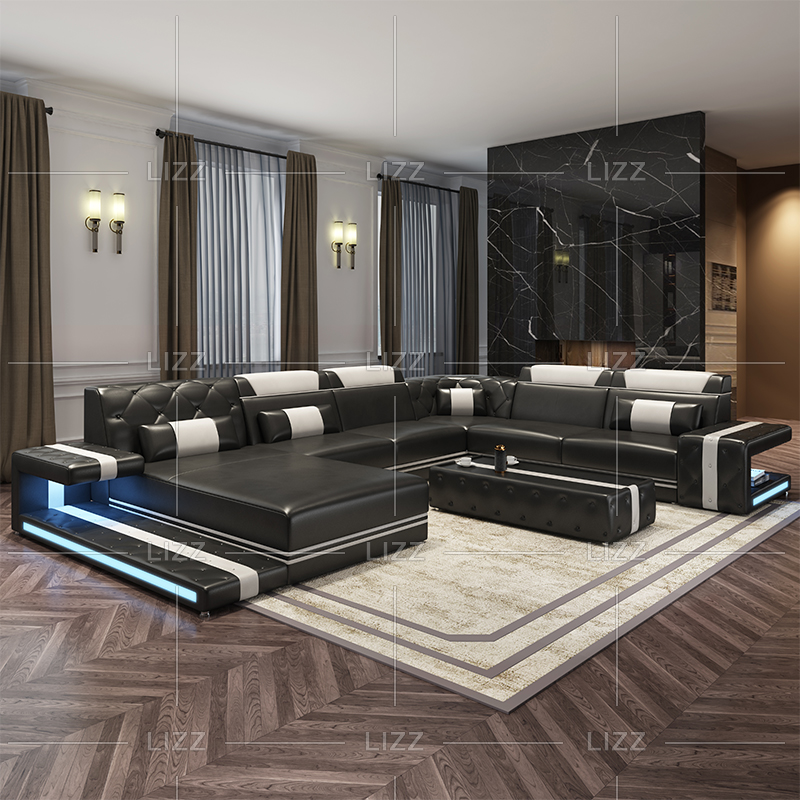 Sofá seccional LED marrón oscuro genuino para dormitorio